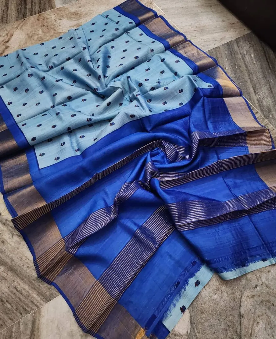 Tussar Silk Saree Traditional Block Digital Print Tiny Border Designer Pallu With Blouse Piece